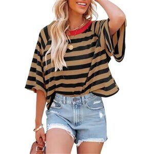 Striped Color Block Top Black Brown Red Neck Casual Tee